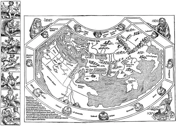 PTOLEMAIC WORLD MAP, 1493. Ptolemaic world map, including depictions of Noahs sons