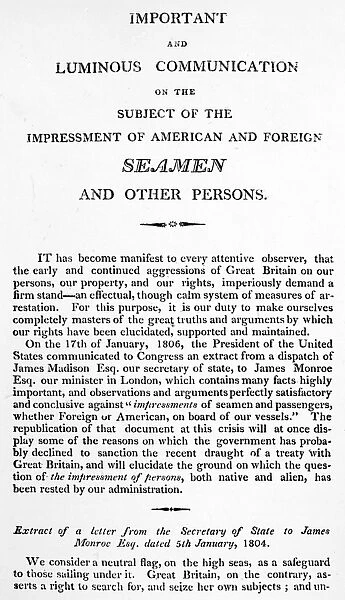 Public letter by Secretary of State James Madison to James Monroe, 5 January 1804, on the unlawfulness of the impressment of American seamen by the British Royal Navy