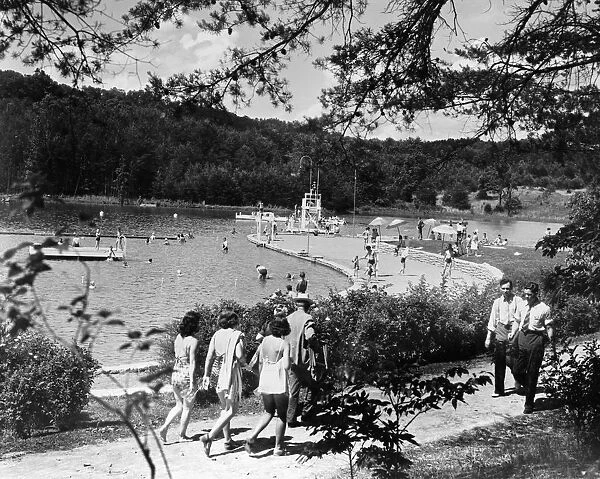 A public recreational park with diving tower, beach and bath house was opened in May 1934. Developed by the National Park Service and the CCC (Civilian Conservation Corps) in cooperation with the Tennessee Valley Authority (TVA), Big Ridge Lake, Tennessee. Photograph, c1935-1945