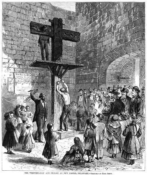 PUBLIC WHIPPING, 1868. The public whipping post and pillory at New Castle, Delaware, 1868, one of the last states to continue the practice of public punishment. Contemporary American wood engraving after a drawing by Earl Shinn