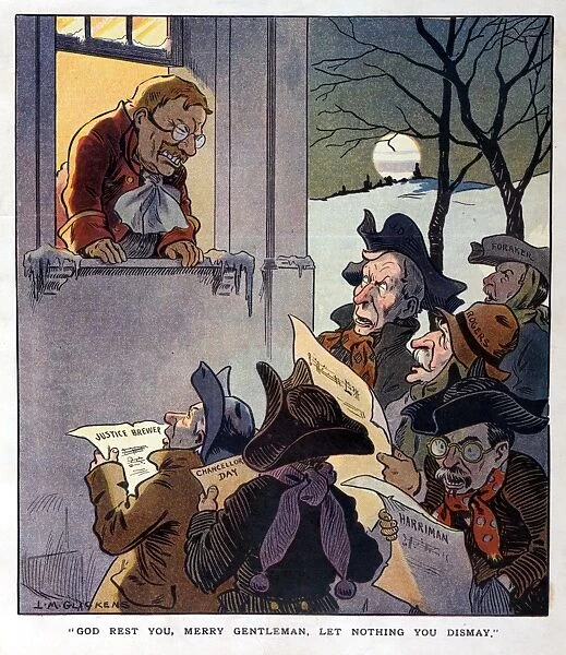 PUCK: CARTOON, 1907. Theodore Roosevelt greeting a group of men singing Christmas