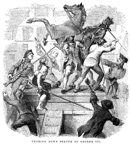 Pulling down the statue of George III in New York after the reading of the Declaration of Independence in 1776. Wood engraving, 19th century