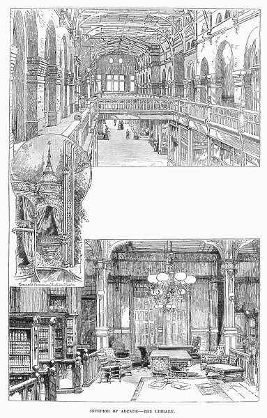 PULLMAN: ARCADE, c1885. Interior of the Arcade, showing the library, at the planned community of Pullman, Illinois, founded by George Pullman in 1885 for workers of his railroad company. Line engraving, 19th century