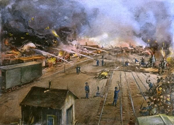 PULLMAN STRIKE, 1894. Freight cars burning at the Illinois Central Railroad yards in Kensington