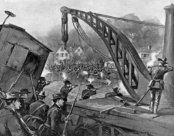 PULLMAN STRIKE, 1894. Illinois National Guardsmen firing on Pullman Company strikers in Chicago