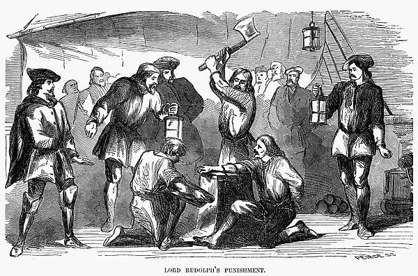 PUNISHMENT. Punishment on board a 17th century English ship. Illustration for Red Hand: or, the Cruiser of the English Channel, a story by F. Clinton Barrington, published in The Weekly Novelette, 1862