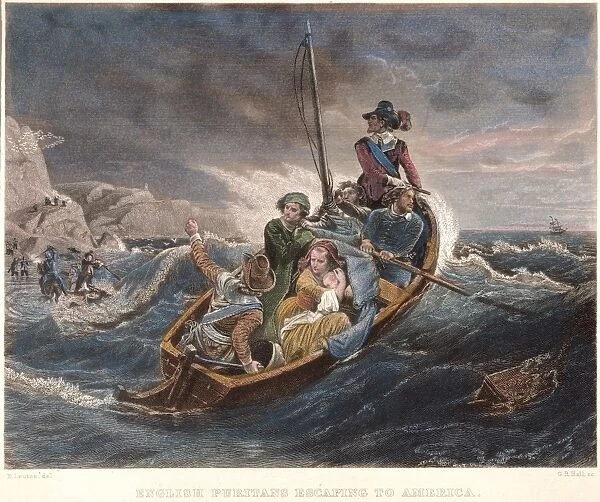 PURITAN FUGITIVES. English Puritans escaping to America during the 17th century. Steel engraving, American, 19th century, after a painting by Emanuel Leutze