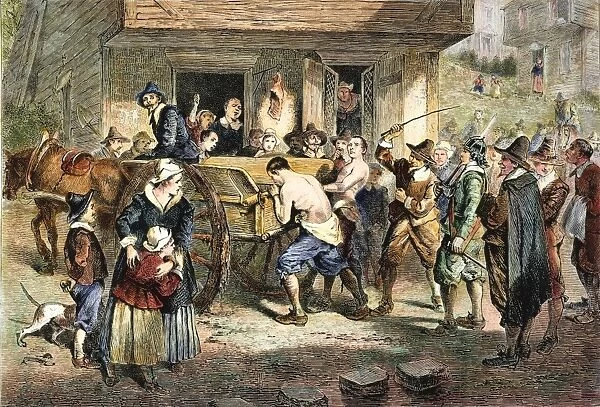 PURITANS: PUNISHMENT, 1670s. Quakers being whipped in Puritan Boston in the 1670s. Wood engraving, 19th century