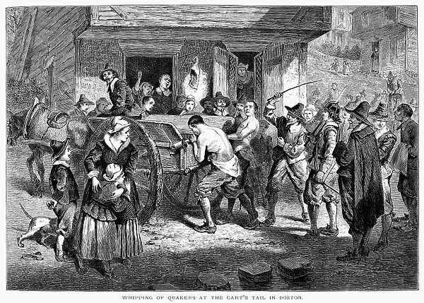 PURITANS AND QUAKERS, 1677. Quakers being whipped in Puritan Boston, Massachusetts, in the 1670s. Wood engraving, 19th century