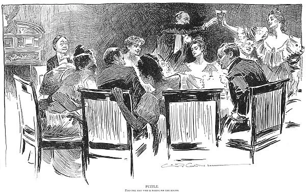 Puzzle. Find the Man Who is Paying for the Dinner. Drawing, 1894, by Charles Dana Gibson