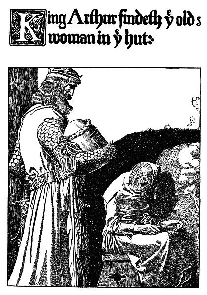 PYLE: KING ARTHUR. King Arthur finds the old woman in the hut. Drawing by Howard Pyle