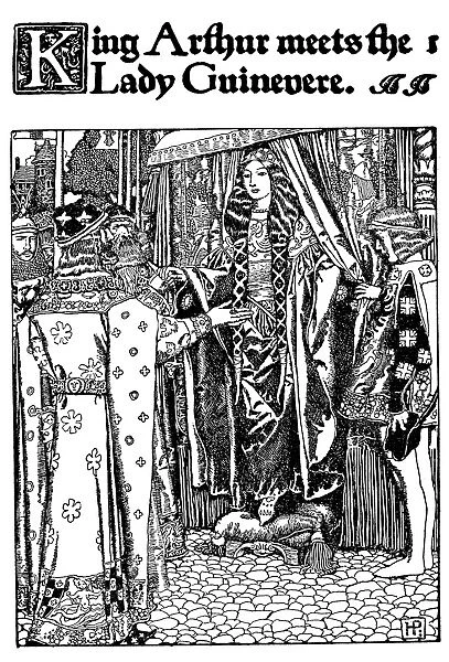 PYLE: KING ARTHUR. King Arthur meets the Lady Guinevere. Drawing, 1903, by Howard Pyle