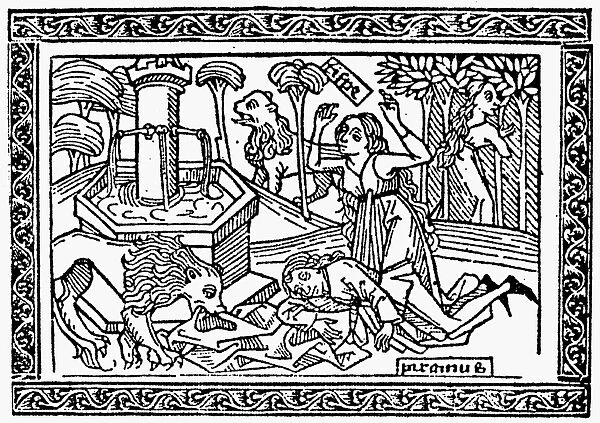 PYRAMUS AND THISBE. Woodcut, 1494, from a book of romances