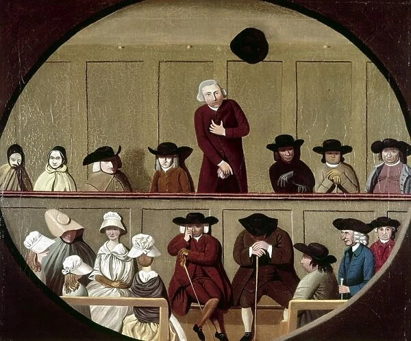 QUAKER MEETING, 1790. Scene in a Quaker meeting house. Oil painting by an anonymous artist