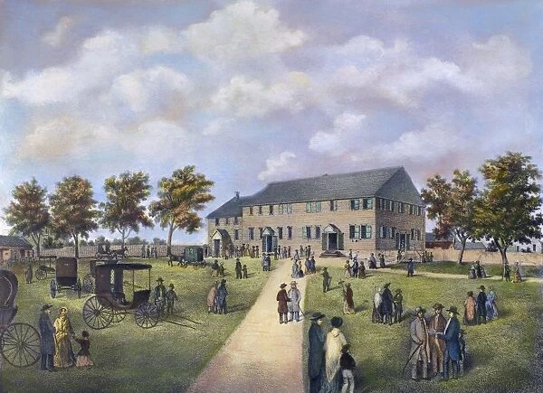 QUAKER MEETING HOUSE, 1857. The Quaker Meetinghouse at Newport, Rhode Island. American lithograph