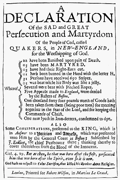 QUAKER PERSECUTION. Title page of a work, published in London in the 17th century