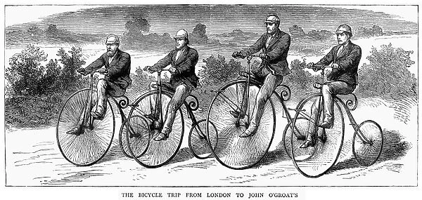A quartet of intrepid bicyclists pedaling their way in 1873 from London, England, to John O Groats, the northermost point of Scotland. Wood engraving from a contemporary English newspaper