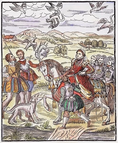QUEEN ELIZABETH I of England hawking: woodcut from George Trubervilles Booke of Faulconrie