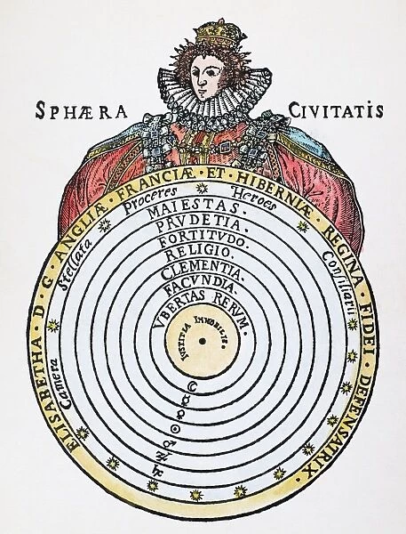 Queen of England and Ireland, 1558-1603. Elizabeth depicted with an astrological diagram of the heavens, with immovable justice placed at the center. Woodcut from John Cases Sphaera Civitatis, Oxford, 1588