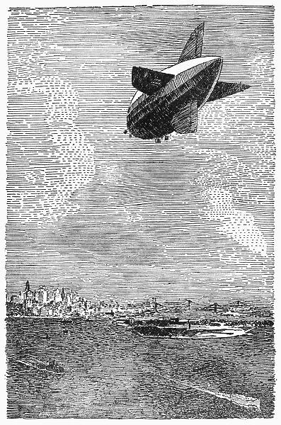 The R 34, a British-built airship, flying over New York City after completing the first transatlantic aircraft flight in 1919. 20th century engraving