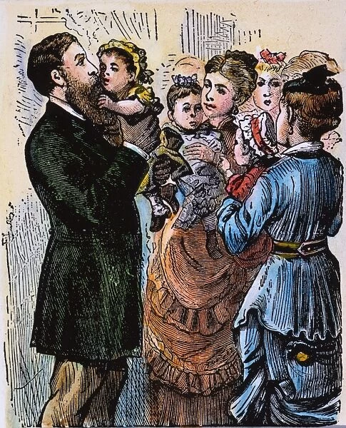 R. B. HAYES: CAMPAIGN, 1876. Presidential candidate Rutherford B. Hayes kissing a baby while campaigning in Steubenville, Ohio, in 1876: contemporary colored engraving