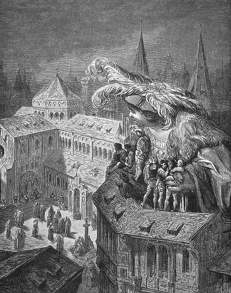 RABELAIS: PANTAGRUEL. Gargantua and Pantagruel. Pantagruel sees the monastery of the Humming Friars on the island of the Esclots (V, 27). Wood engraving, 1873, after Gustave Dor