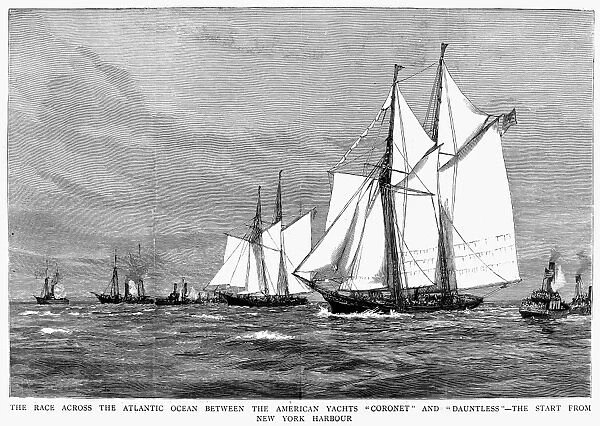 The race across the Atlantic Ocean between the American yachts Coronet and Dauntless, showing the start from New York Harbor. Line engraving, 1887