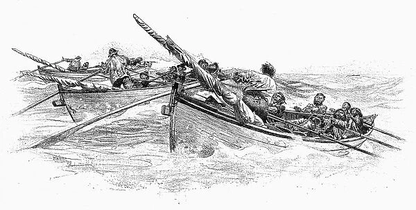 RACE FOR A WHALE. Wood engraving, American, after Isaiah West Taber, 1874