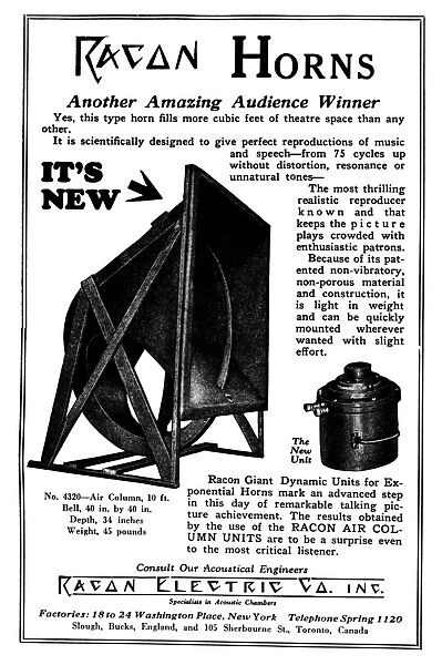 RACON HORN, c1929. Advertisement for early movie theater speakers for sound reproduction