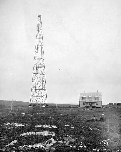 RADIO STATION, 1916. A wireless radio station tower, Nome, Alaska, 1916