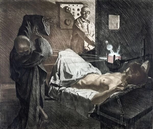 RADIOLOGIST, c1930. A radiologist using x-rays to repel Death, personified as a skeleton wearing a shroud, as it approaches a young woman on an operating table. Etching by Ivo Saliger, c1930