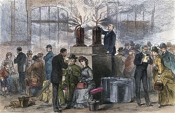 Rail passengers from the south of France fumigated upon their arrival in Paris during the cholera epidemic of 1884. Contemporary English engraving