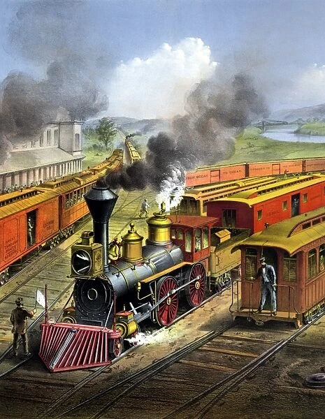 RAILROAD, 1874. American railroad scene: Lightning Express trains leaving the junction