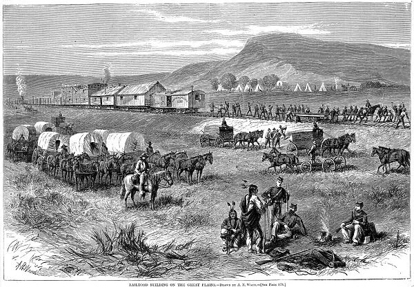 RAILROAD CONSTRUCTION 1875. Railroad building on the Great Plains. Wood engraving, American, 1875, after a drawing by Alfred R. Waud