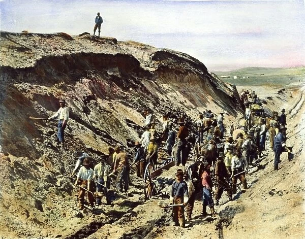RAILROAD CONSTRUCTION 1879. Grading crews of the Northern Pacific Railroad constructing