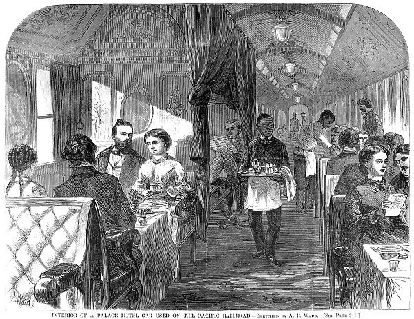RAILROAD: INTERIOR, 1869. Interior of a Palace Hotel car on the Union Pacific Railroad. Wood engraving from an American newspaper of 1869