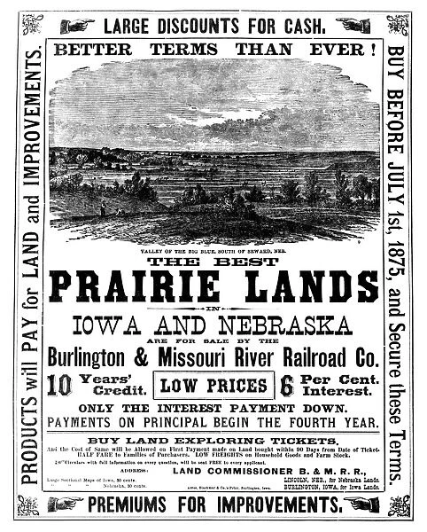 RAILROAD: LAND SALE, c1875. Advertisement for lands in Iowa and Nebraska sold by