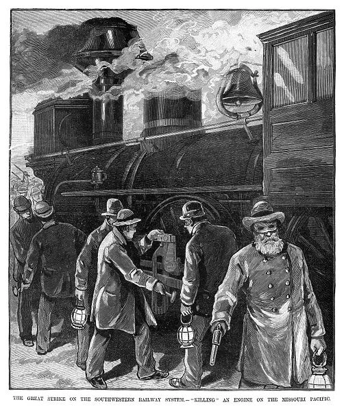 RAILROAD STRIKE, 1886. Striking workers kill a locomotive engine on the Missouri