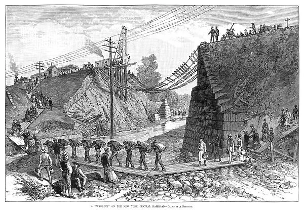 RAILROAD WASHOUT, 1885. Men and women walking across a footbridge due to a washed-out