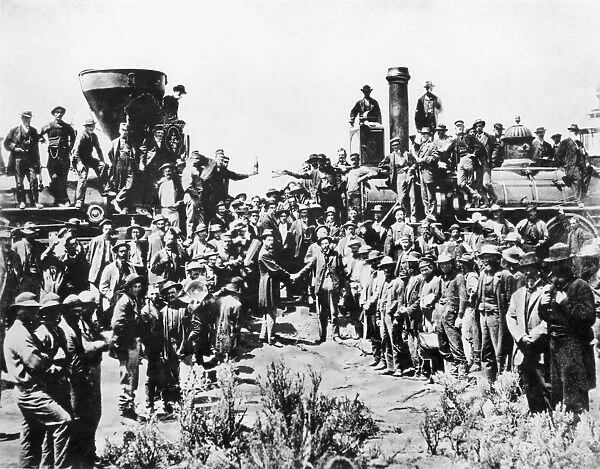 RAILROADING. The joining of the Central Pacific (left) and the Union Pacific Railroads on 10 May 1869, at Promontory Point, Utah