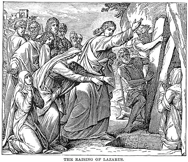 RAISING OF LAZARUS from the Dead (John II). Wood engraving, American, 1884