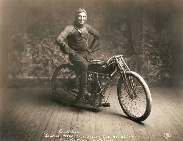 RAY WEISHaR (1890-1924). American motorcycle racing champion. Photograph, October 1914