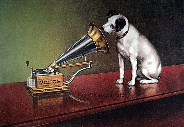 RCA VICTOR TRADEMARK. His Masters Voice. Trademark image of RCA Victor, featuring Nipper the dog. American lithograph poster, c1920