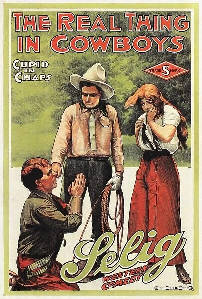 THE REAL THING IN COWBOYS. Lithograph poster for the Western comedy short, The Real Thing in Cowboys, starring Tom Mix, 1914