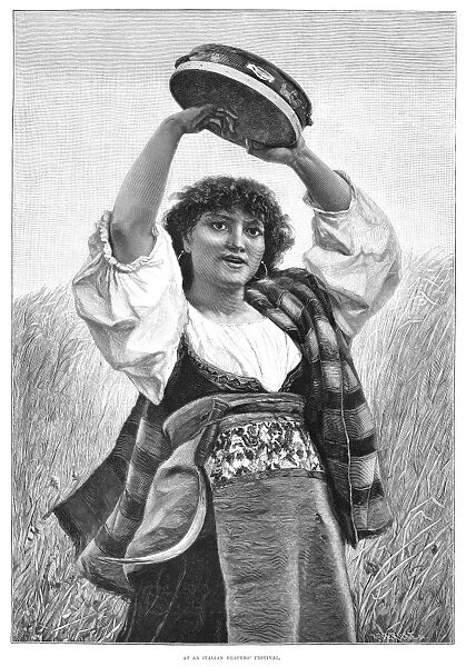 REAPERS FESTIVAL, 1889. Performer at an Italian harvest festival. Engraving, English