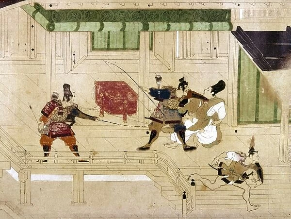 Rebel soldiers of Generals Noboyuri and Yoshitomo are pictured preventing court officials from rescuing royal treasure during the Heiji Rebellion, 1159. Scroll drawing, Japanese, mid-13th century