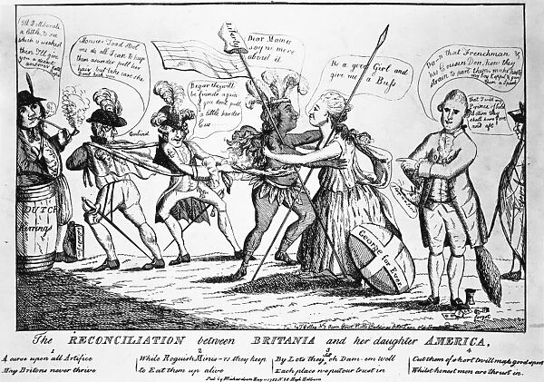 The Reconciliation betweeen Britannia and her daughter America. Satirical English cartoon, 1782