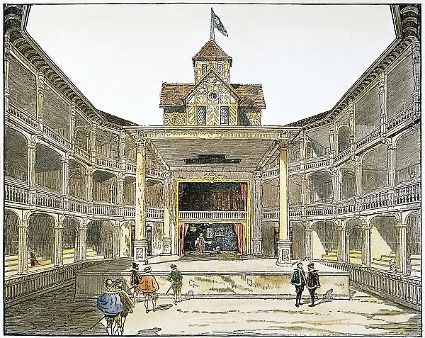 Reconstruction of the Second Globe Theatre in London; from the conjurers circle on the floor cloth, Faustus is raising Mephistopheles through a trap