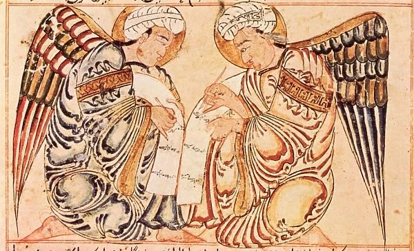 RECORDING ANGELS, 1280. Manuscript illumination from The Wonders of Creation ( Aja ib al Makhluqat) of al-Qazwini, Iraq, 1280