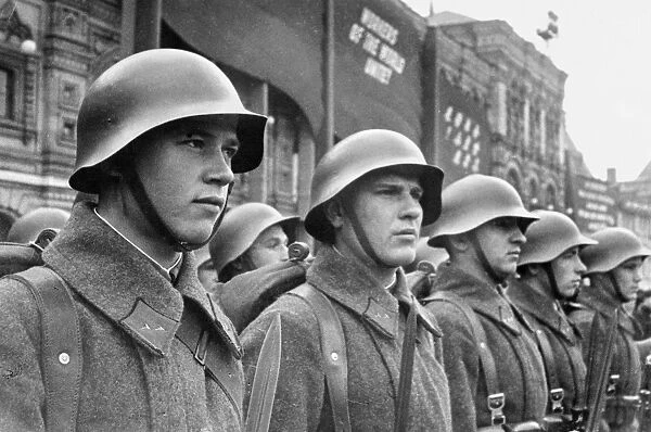 RED ARMY SOLDIERS, c1941. Soldiers of the Red Army standing in formation on a city